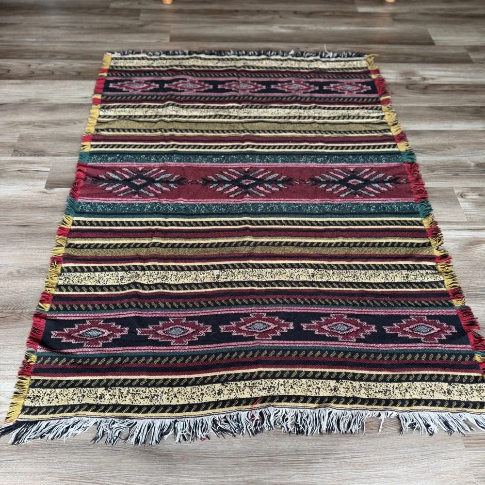 Vintage Southwestern Woven Throw Blanket Geometric Tribal Fringed 47x63